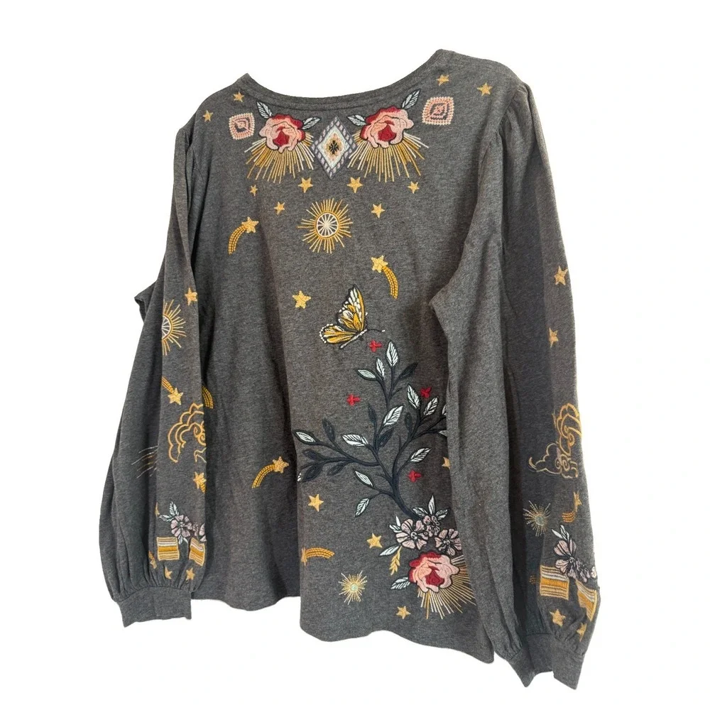 Johnny Was Selah Cuffed Puff Long Tee Gray Crew Floral Embroidery Shirt Large